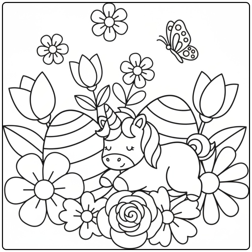 Kleurplaat unicorn Pasen in bloementuin liggend in de bloemen.