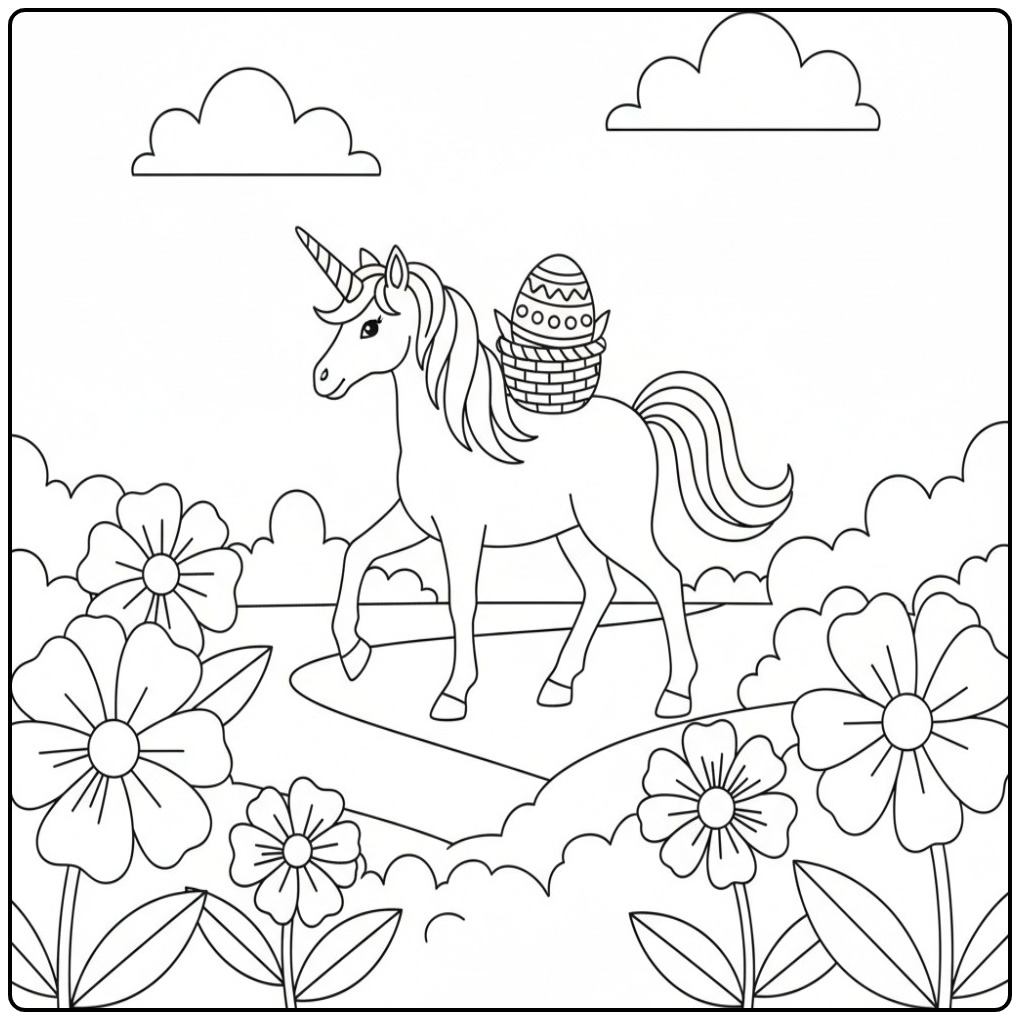 Kleurplaat unicorn Pasen in bloementuin. Eenhoorn met paasei.