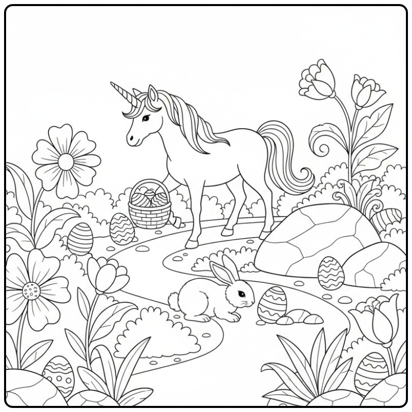 Kleurplaat unicorn pasen met konijn en eieren, avontuur wacht!