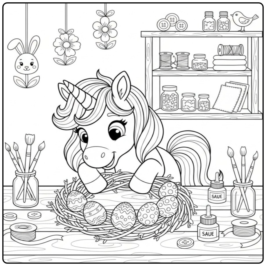 Kleurplaat unicorn pasen met ei. Eenhoorn maakt een vrolijk Pasen!
