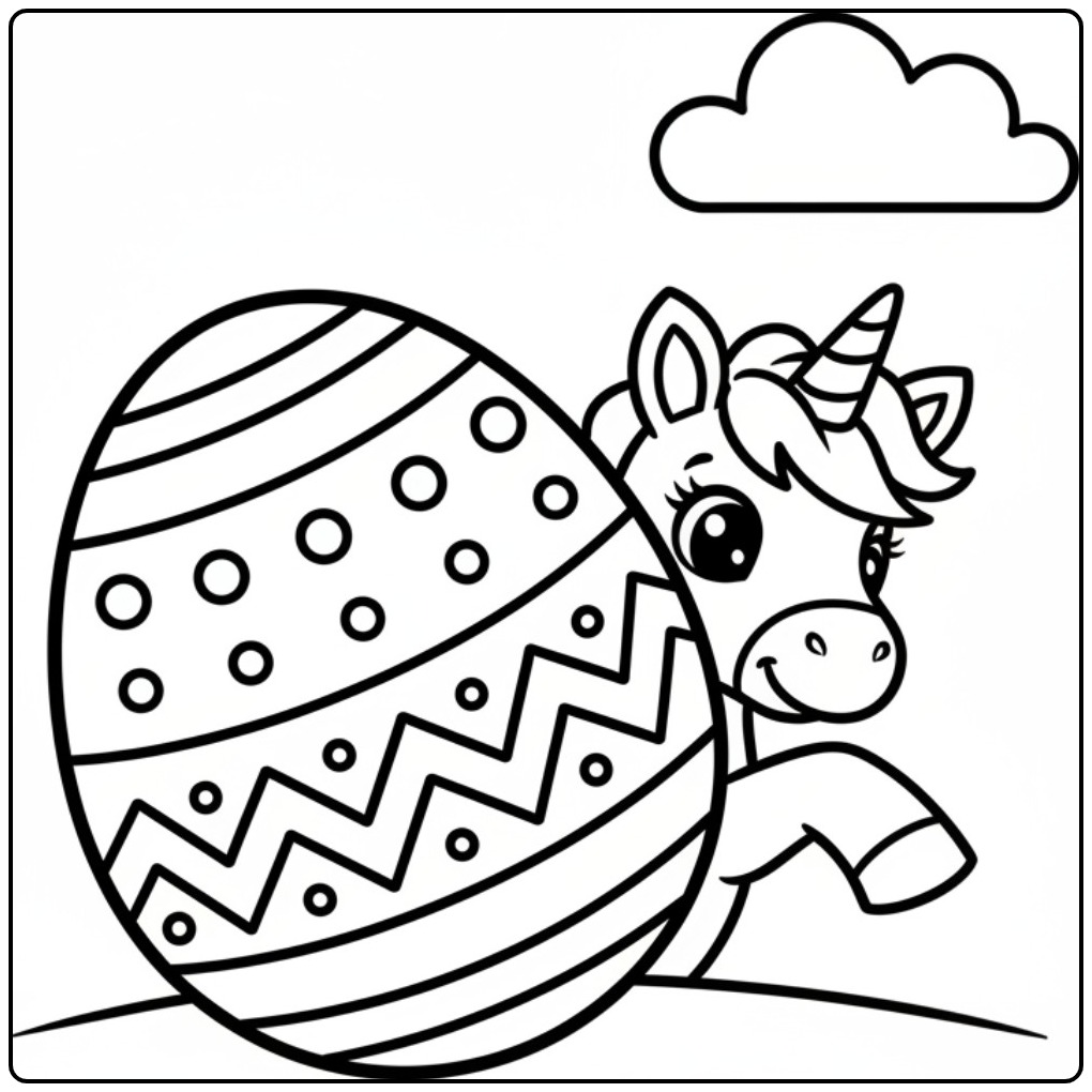 Kleurplaat unicorn pasen met ei. Eenhoorn paasei tekening.
