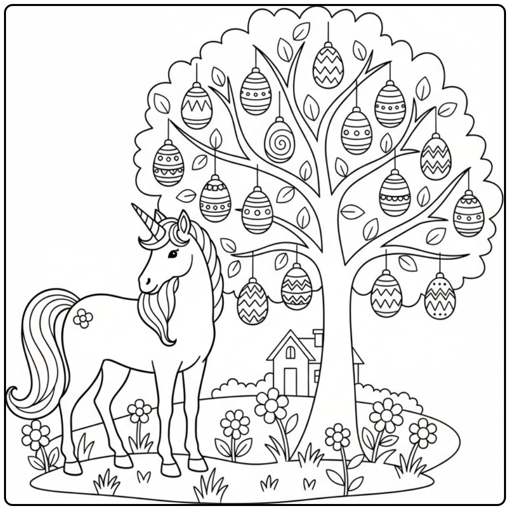 Kleurplaat unicorn pasen: eenhoorn bij paaseierenboom