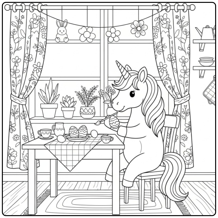 Kleurplaat unicorn pasen eieren schilderen aan tafel.