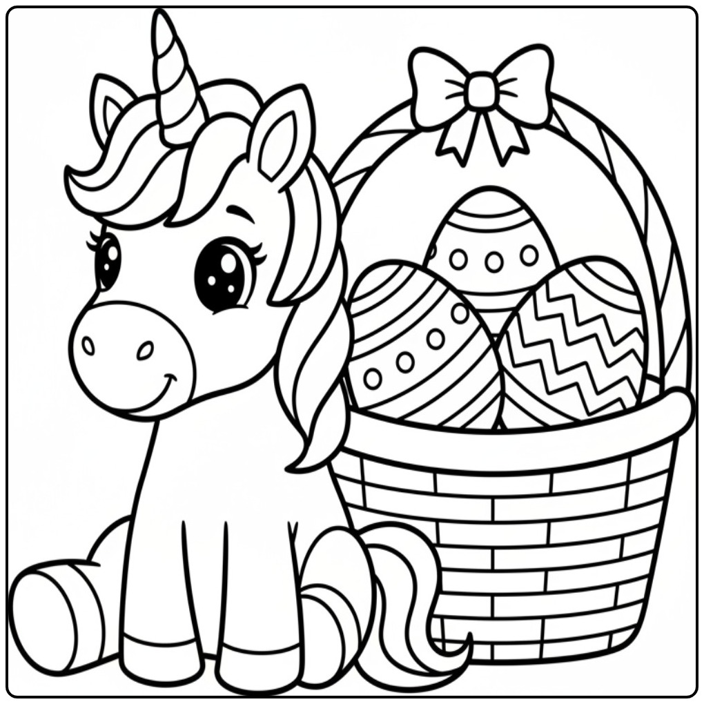 Kleurplaat unicorn pasen met mand vol eieren. Leuk!