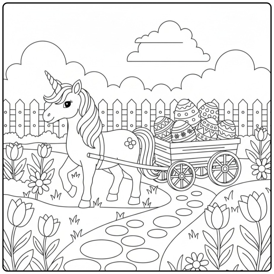 Kleurplaat unicorn pasen met wagen vol eieren in de tuin.