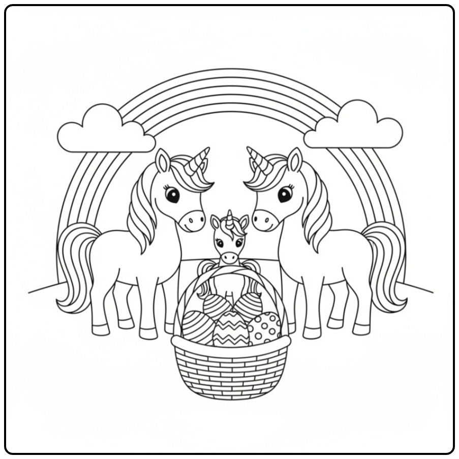 Unicorn Pasen met familie kleurplaat, paaseieren zoeken!