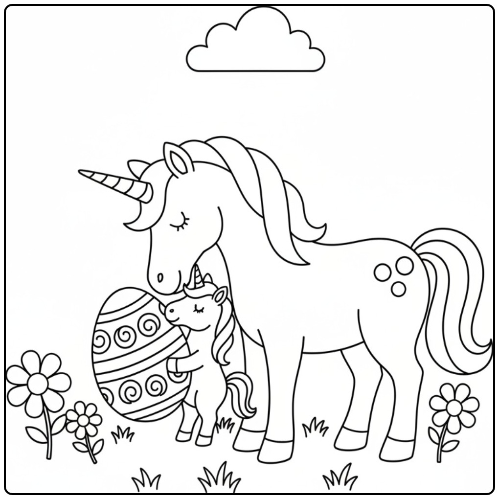 Kleurplaat unicorn Pasen met familie, eenhoorn met ei