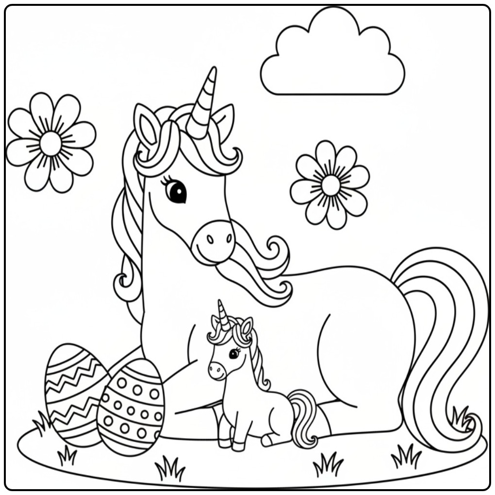 Kleurplaat unicorn Pasen met familie, mama en baby op gras