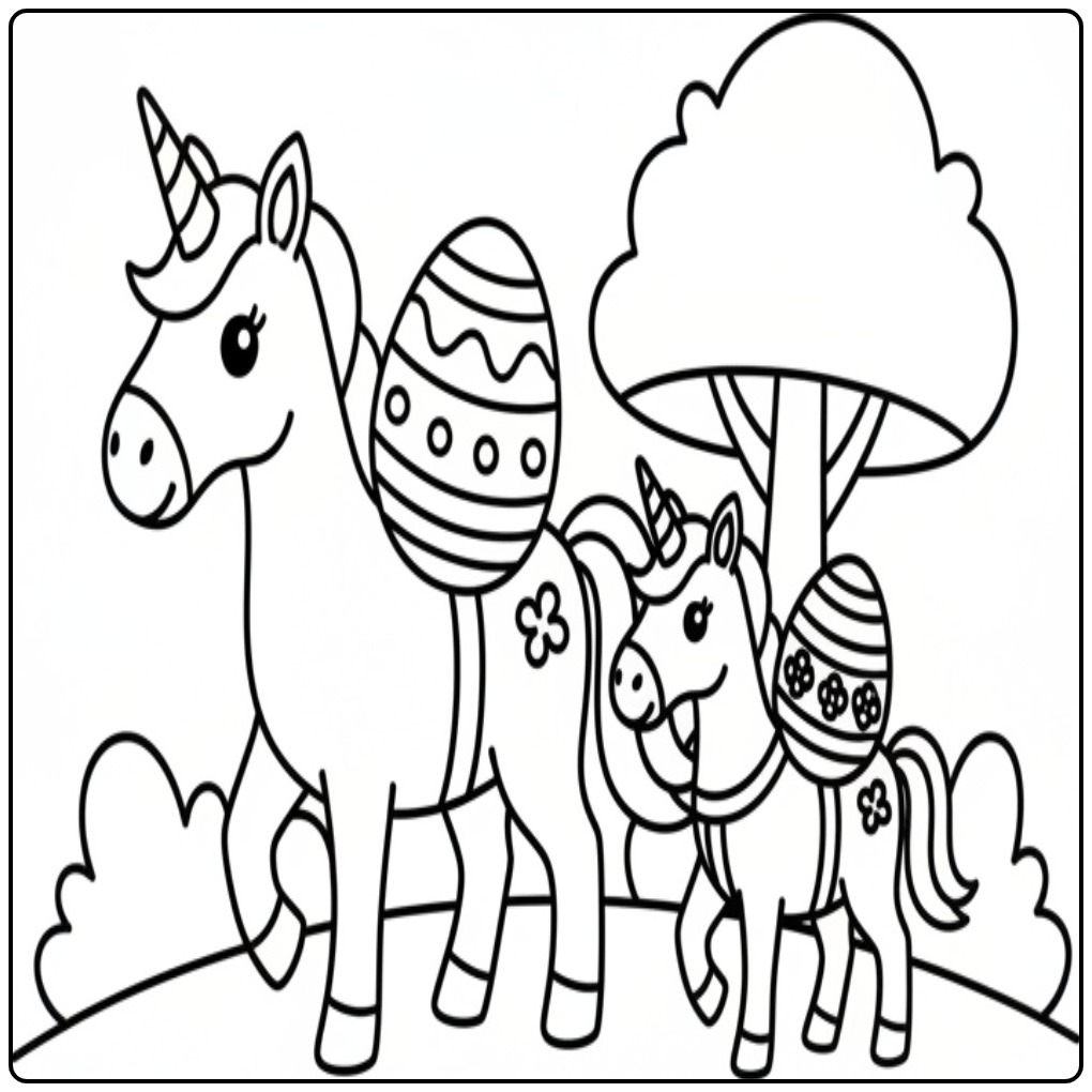 Unicorn Pasen met familie kleurplaat, schattige eenhoorns met eieren!