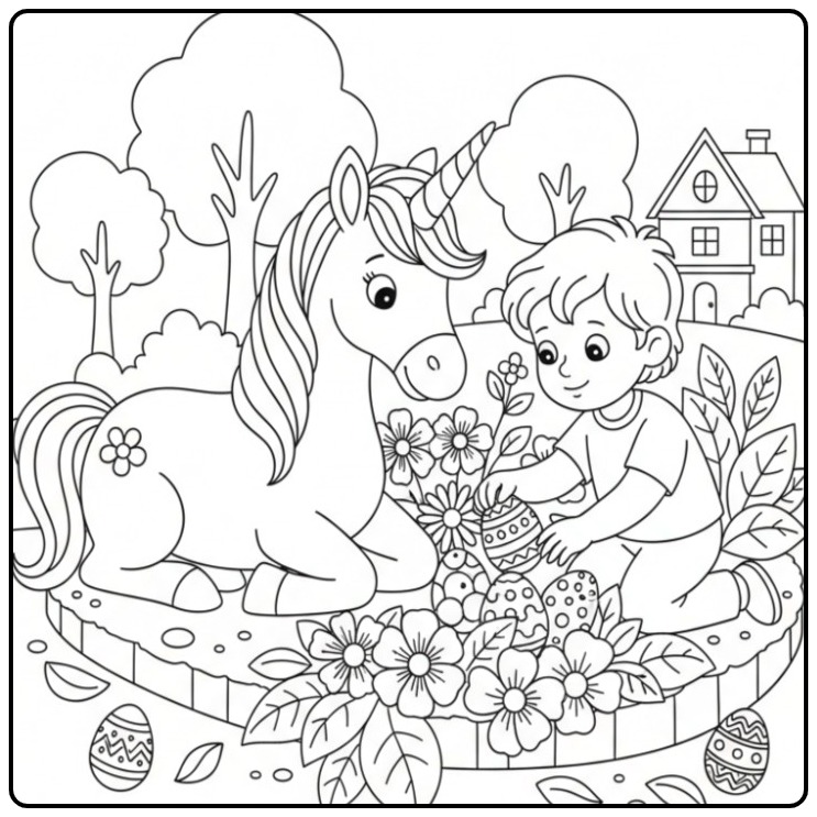 Kleurplaat unicorn pasen met jongen en eieren in de tuin