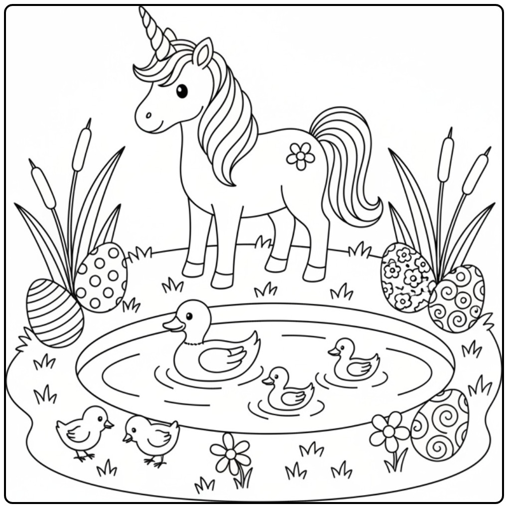 Kleurplaat unicorn Pasen met kuikens en lente dieren bij de vijver