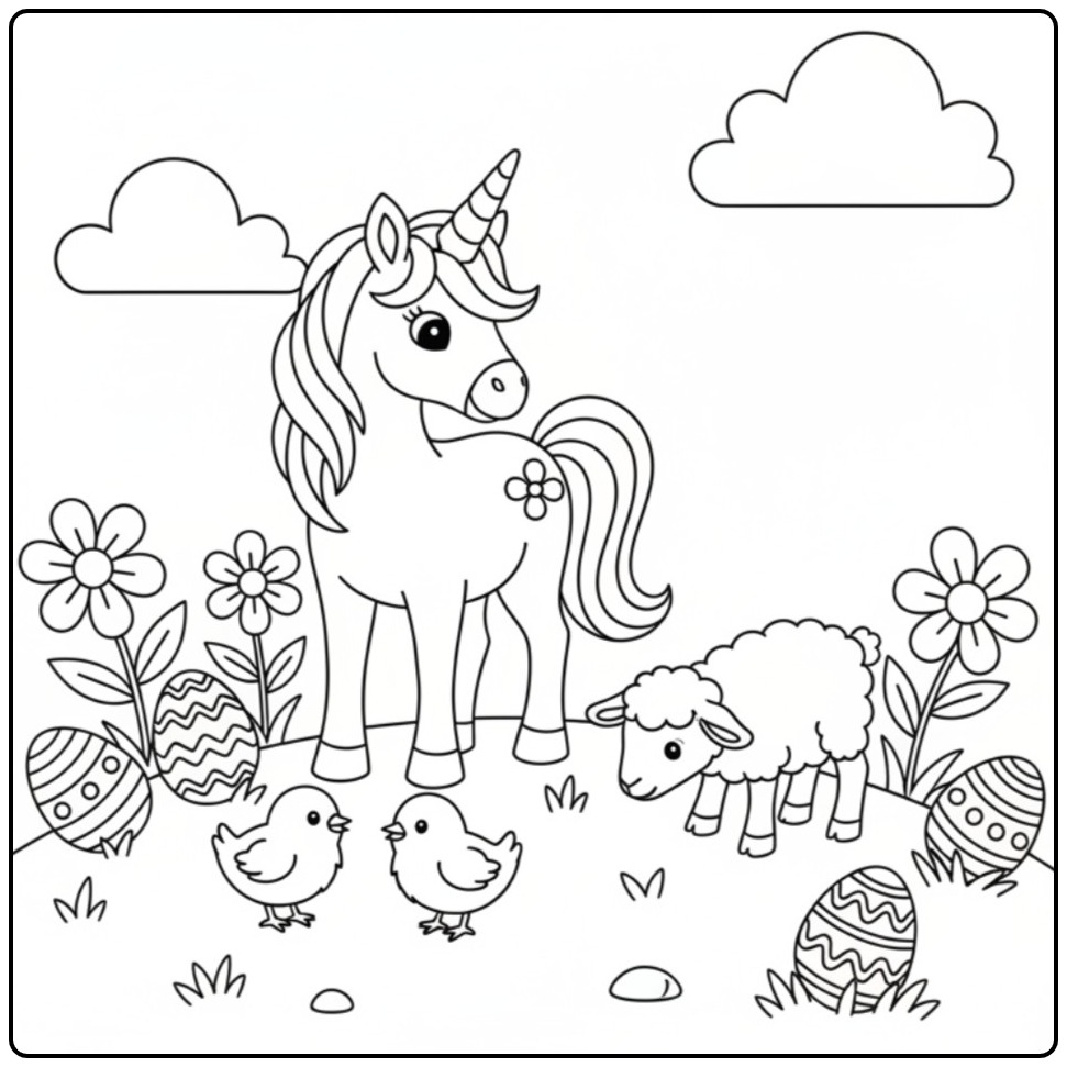 Kleurplaat unicorn Pasen met kuikens en lente dieren in het gras.