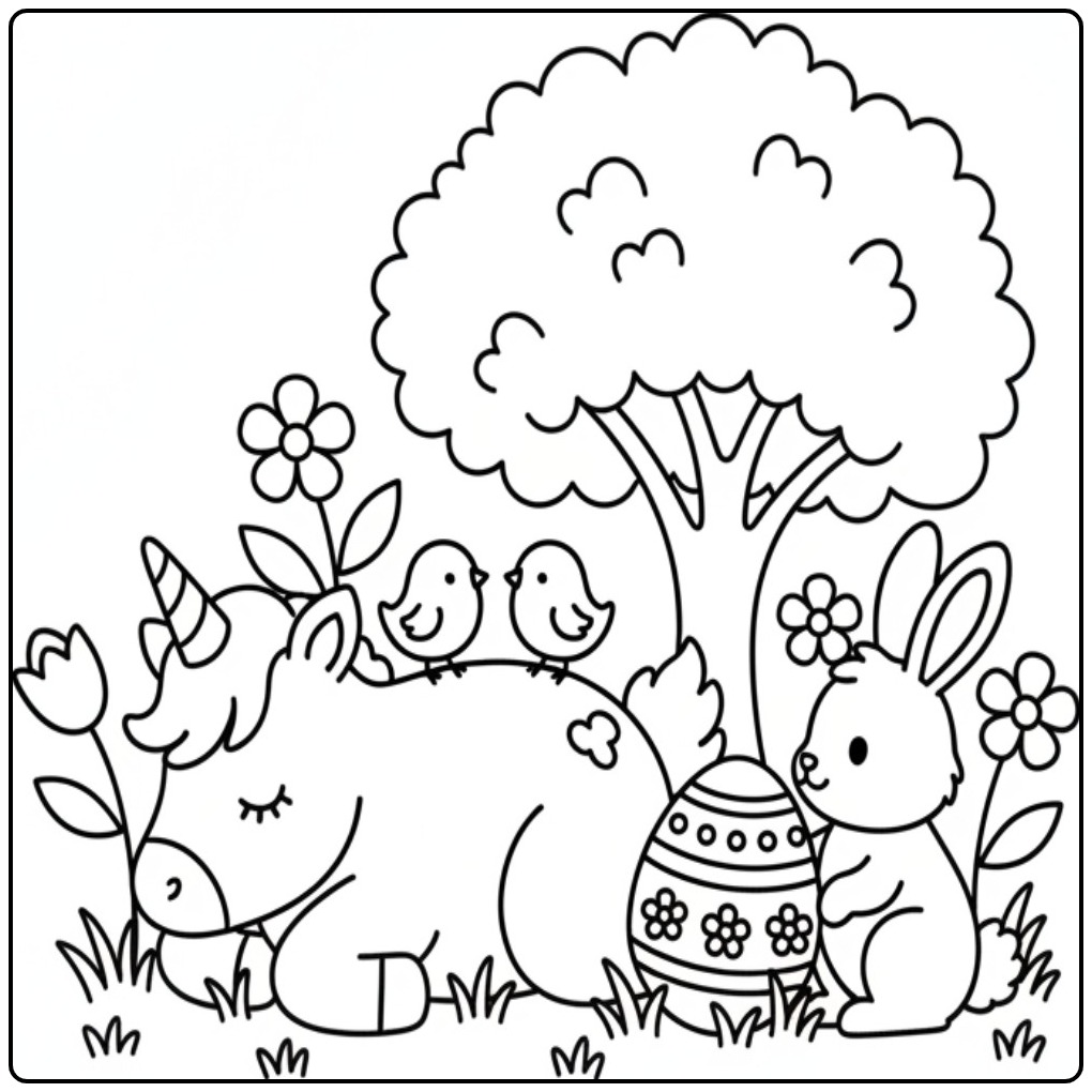 Kleurplaat unicorn Pasen met kuikens en lente dieren, paasei