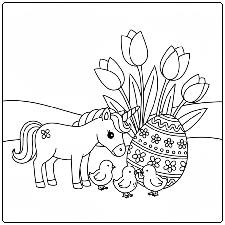 Kleurplaat unicorn Pasen met kuikens en lente dieren. Leuk!