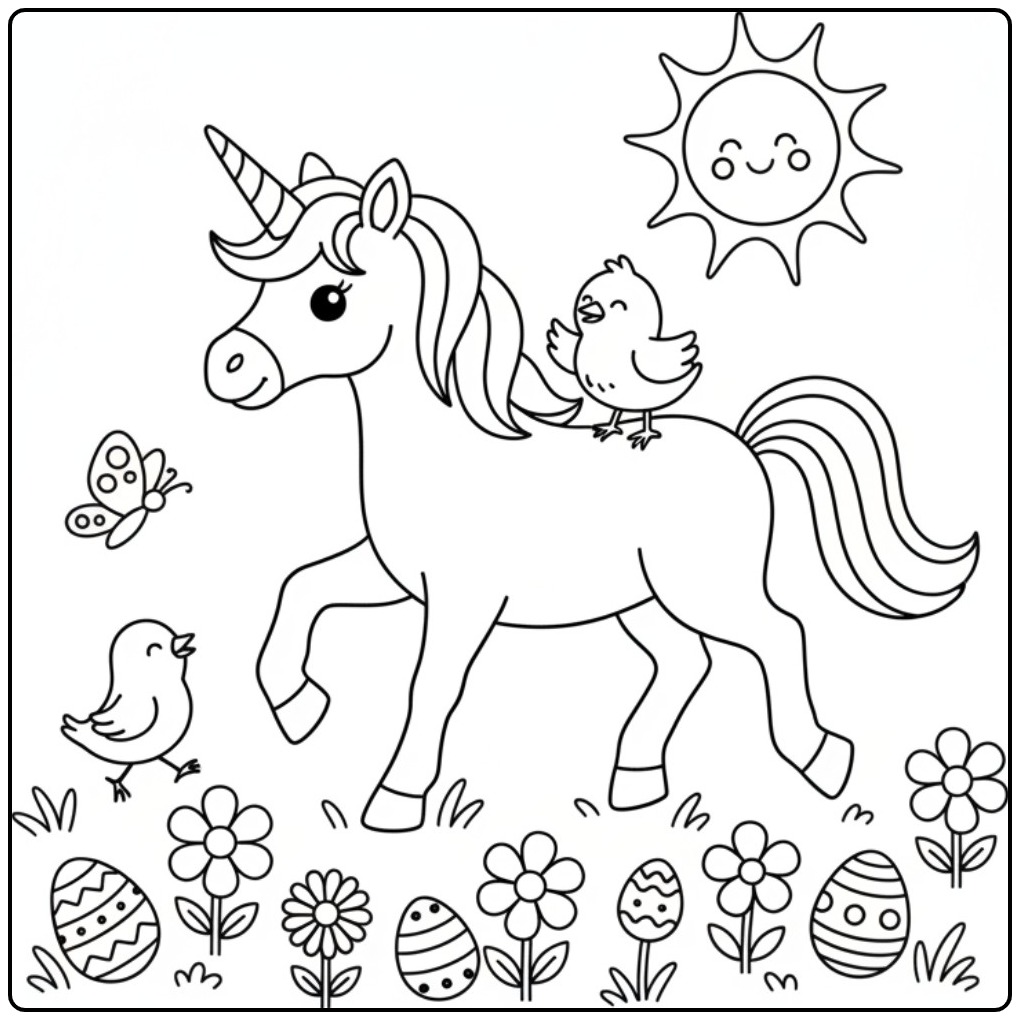 Kleurplaat unicorn Pasen met kuikens en lente dieren kleurplaat