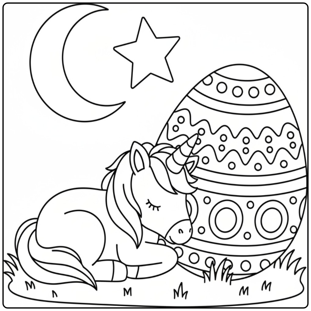 Kleurplaat unicorn pasen slapend bij een ei en ster. Mooie tekening!