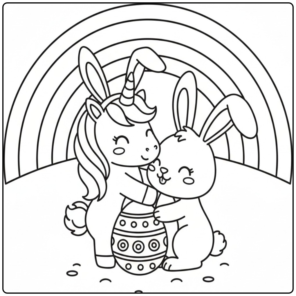 Kleurplaat unicorn Pasen met paashaas, eenhoorn en konijn knuffelen!