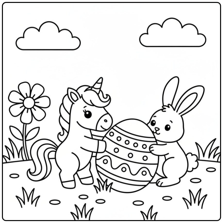 Kleurplaat unicorn Pasen met paashaas, eenhoorn en konijn pret!