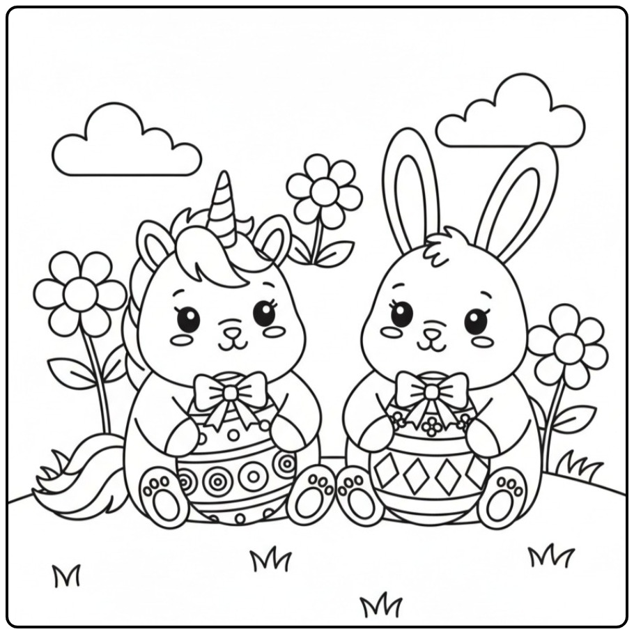 Kleurplaat unicorn Pasen met paashaas, leuk voor de kinderen