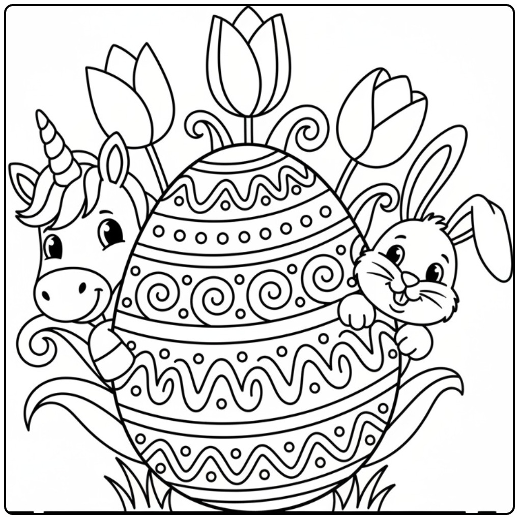 Kleurplaat unicorn Pasen met paashaas, kleurrijk ei en konijntje