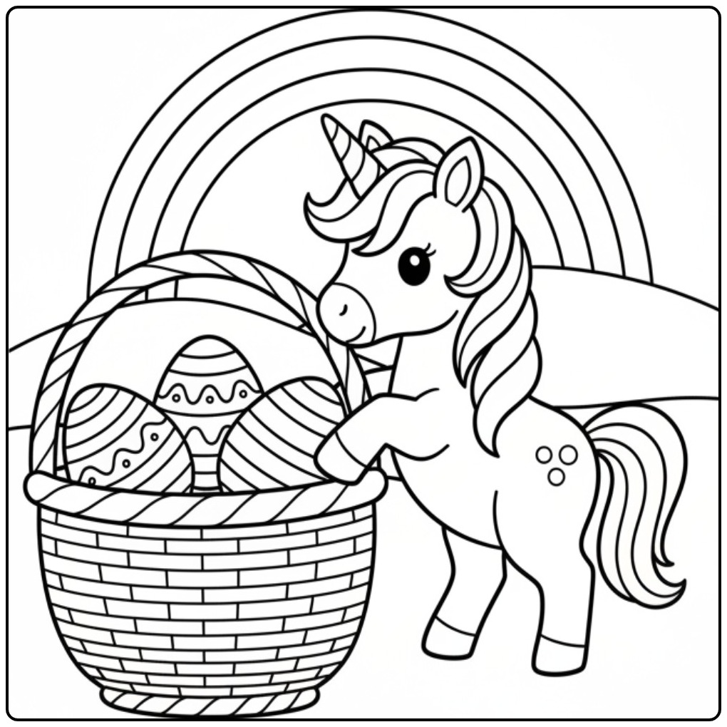 Kleurplaat unicorn Pasen met paasmand en eieren met regenboog