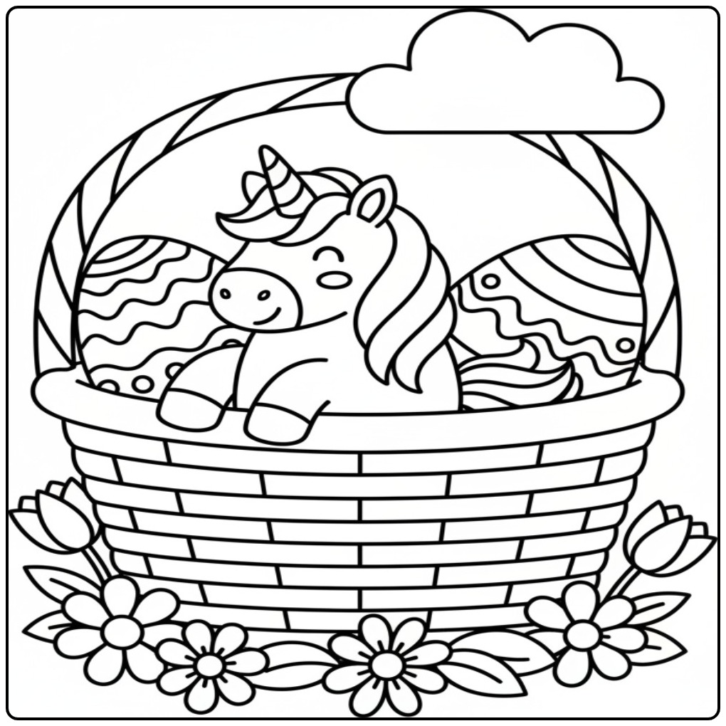 Kleurplaat unicorn Pasen met paasmand en eieren, eenhoorn in mand