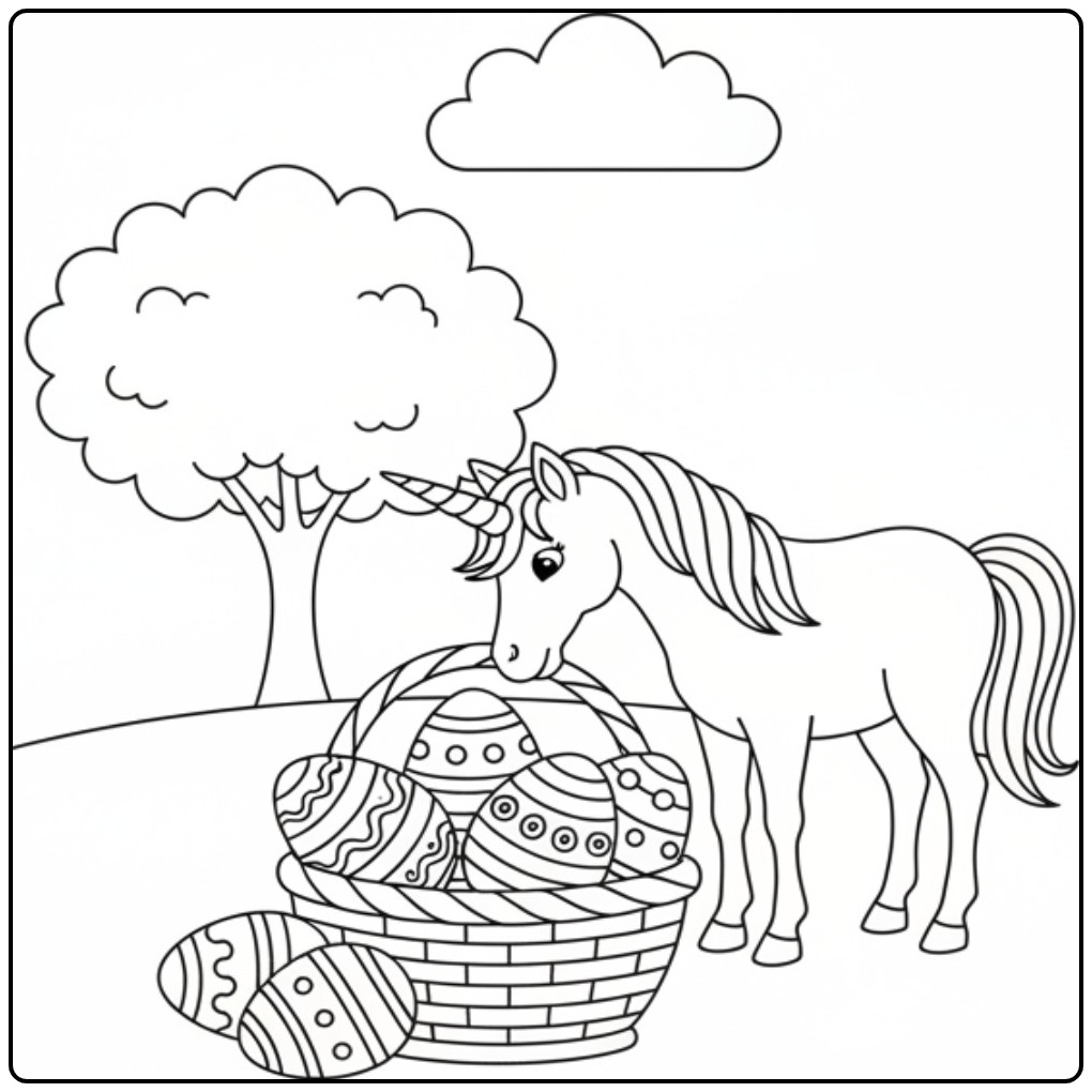Kleurplaat unicorn Pasen met paasmand en eieren. Schattige eenhoorn!
