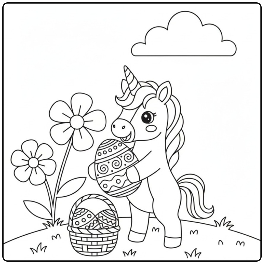 Kleurplaat unicorn Pasen met paasmand en eieren. Eenhoorn met ei!