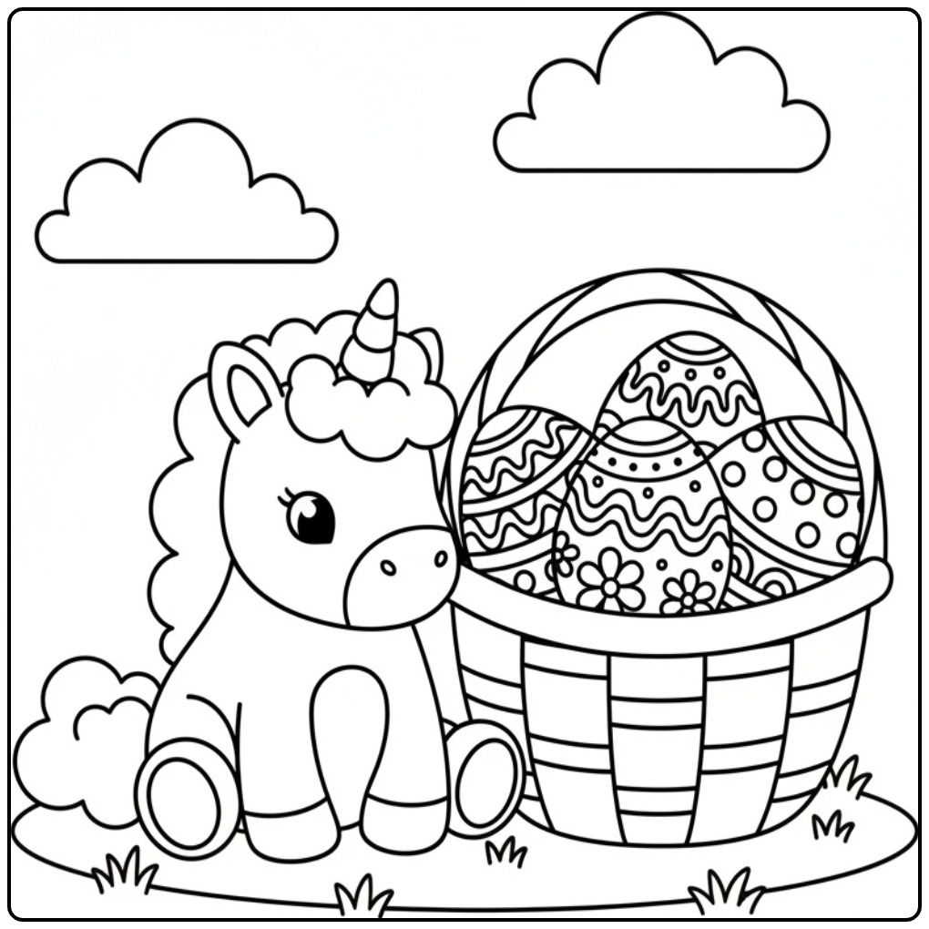 Kleurplaat unicorn Pasen met paasmand en eieren kleurplezier!