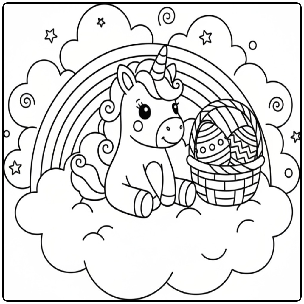 Kleurplaat unicorn Pasen met regenboog en wolken op een wolk!