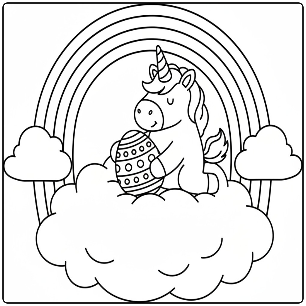 Kleurplaat unicorn Pasen met regenboog en wolken. Eenhoorn met ei!