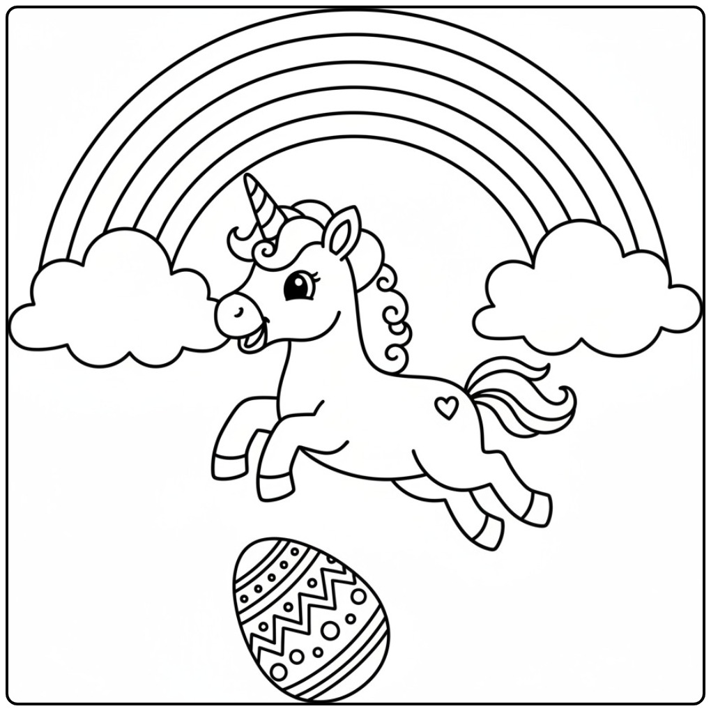 Kleurplaat unicorn Pasen met regenboog en wolken. Eenhoorn met paasei.