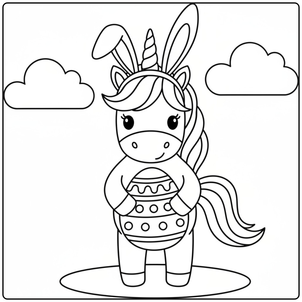 Kleurplaat unicorn pasen met eenhoorn en paasei.