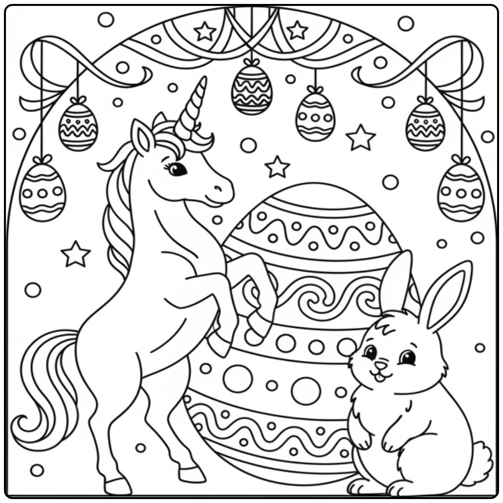 Kleurplaat unicorn pasen met paasei en konijn kleurpret!
