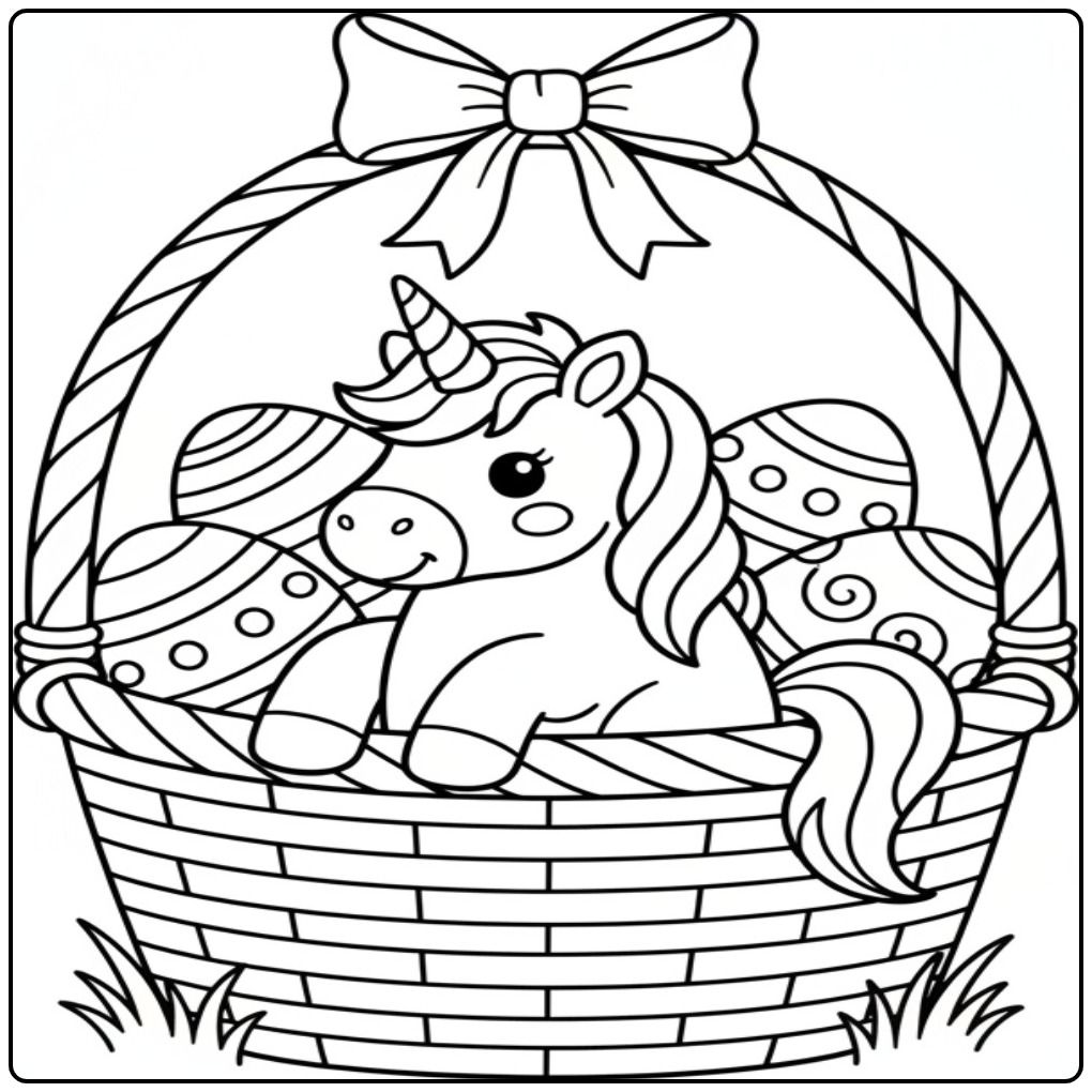 Kleurplaat unicorn pasen: Schattige eenhoorn in paasmand kleurplaat.
