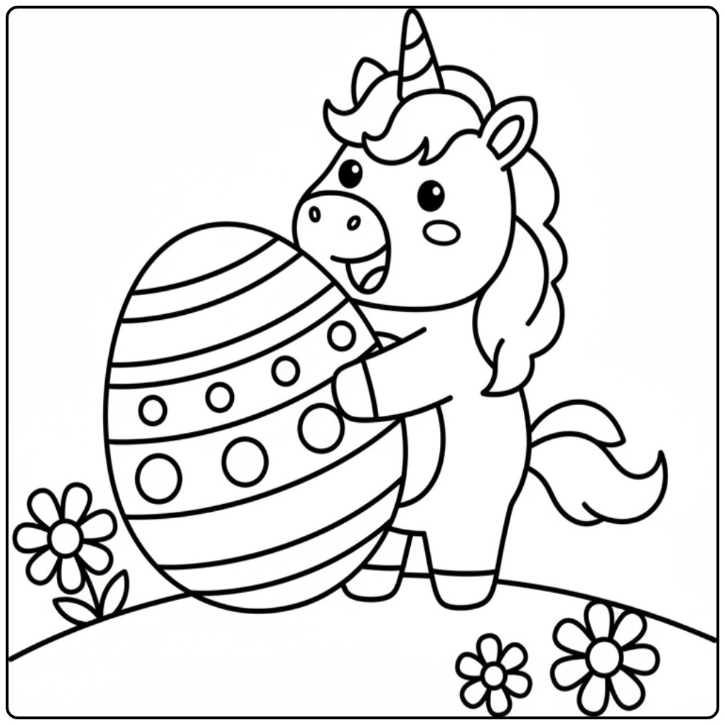 Kleurplaat unicorn pasen met ei. Eenhoorn viert feest!