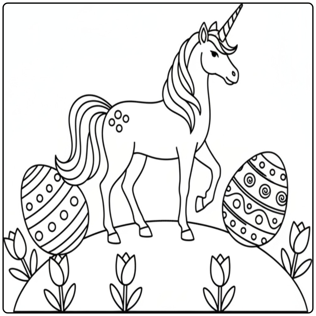 Kleurplaat unicorn pasen met eieren en bloemen voor creatievelingen!
