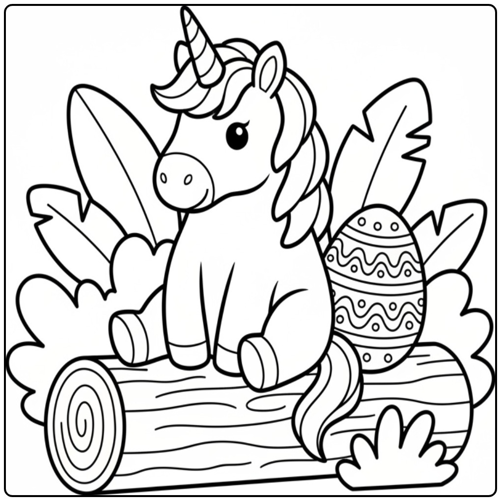 Kleurplaat unicorn pasen. Eenhoorn op een boomstam met een ei.