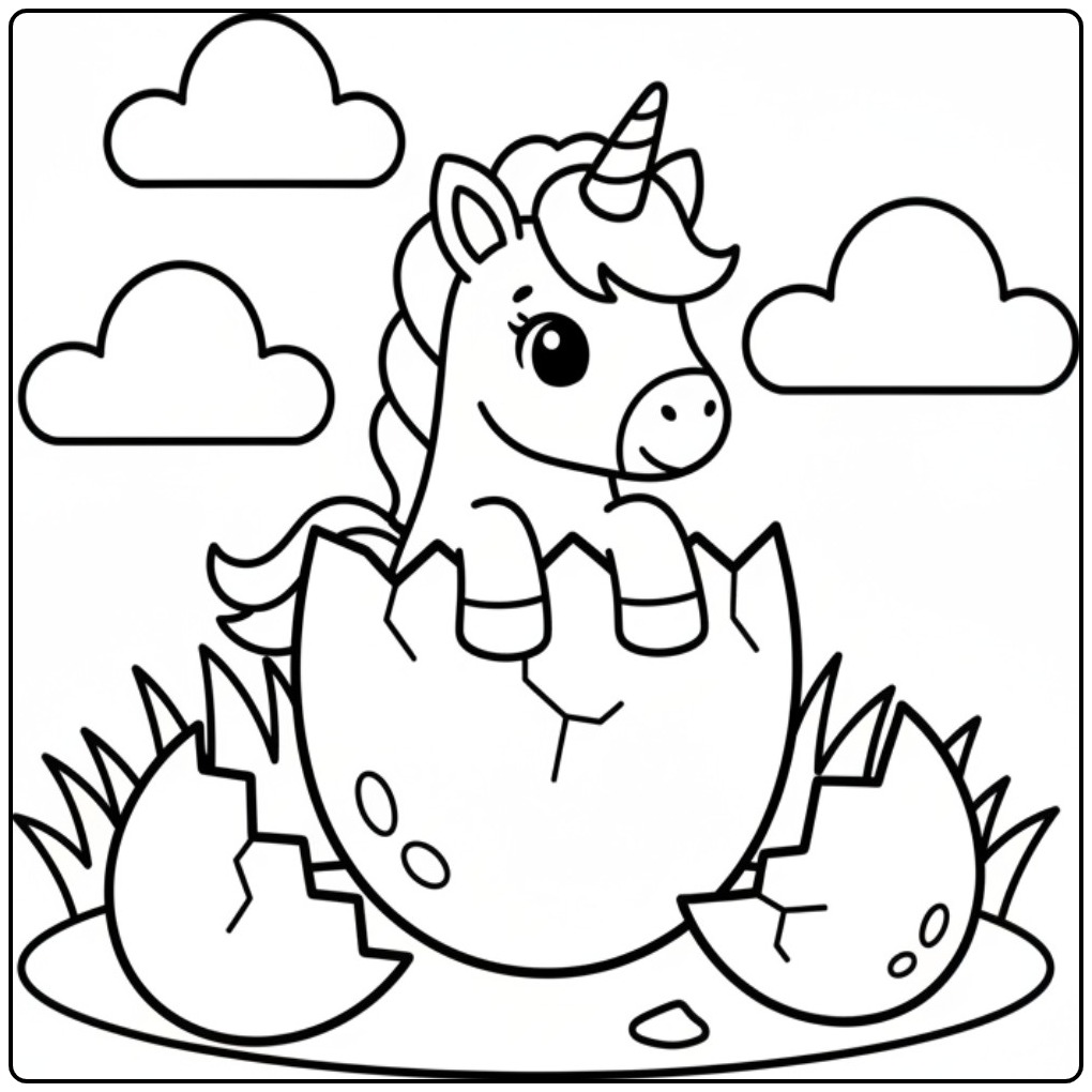 Kleurplaat unicorn pasen: Eenhoorn komt uit een ei.