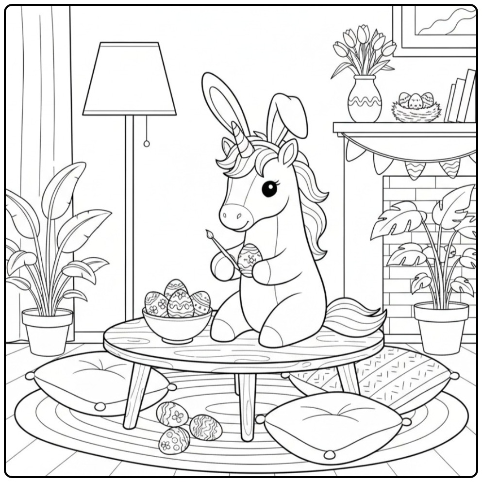 Kleurplaat unicorn pasen: Eenhoorn schildert eieren, paassfeer!