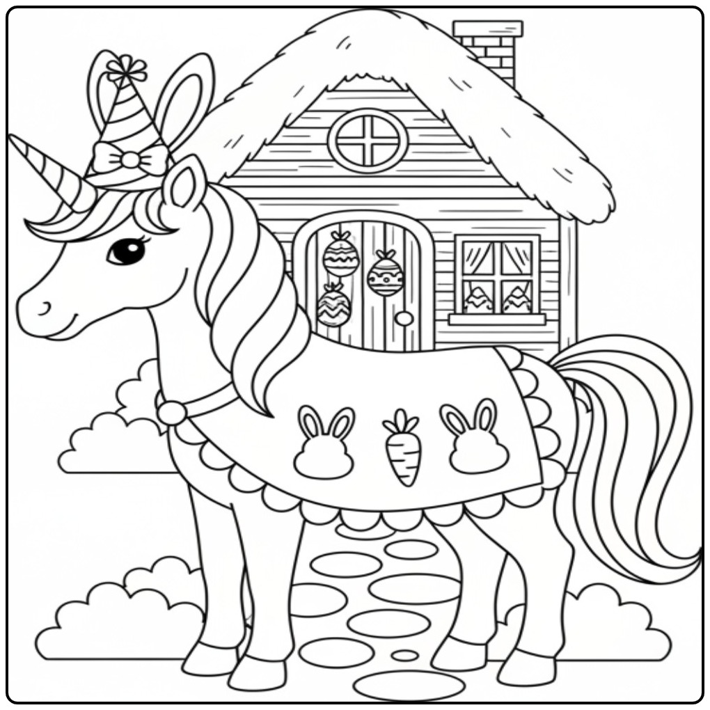Kleurplaat unicorn pasen met feestmuts en vrolijke versieringen.