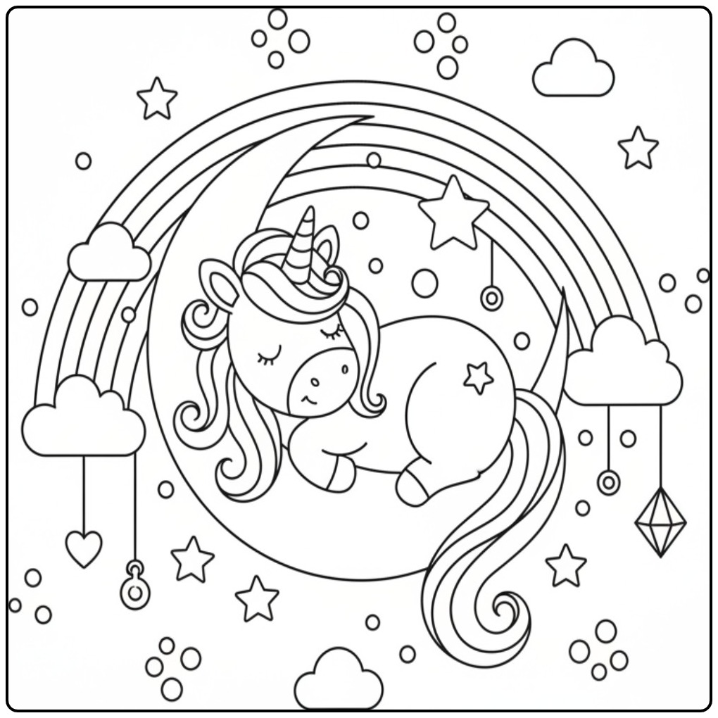 Leuke kleurplaat unicorn regenboog: eenhoorn slaapt op maan.