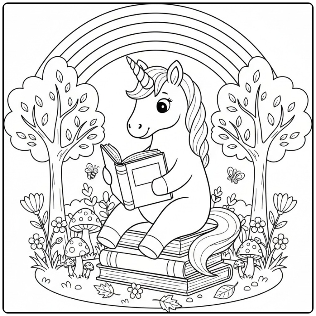 Een slimme eenhoorn leest een boek, kleurplaat unicorn regenboog.