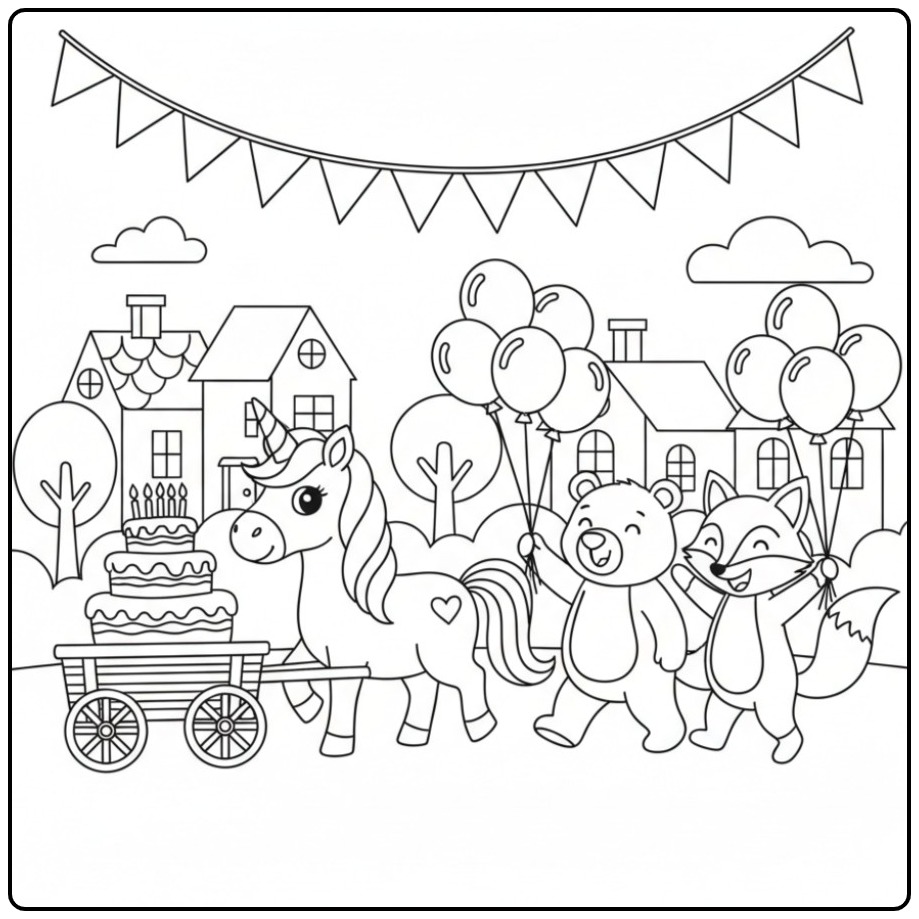 Een leuke kleurplaat unicorn verjaardag parade met een taart.
