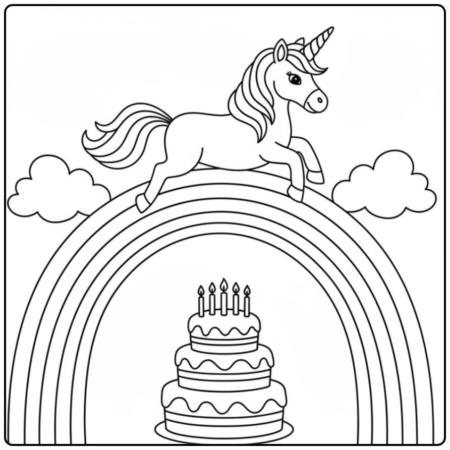 Een leuke kleurplaat unicorn verjaardag met een grote taart.