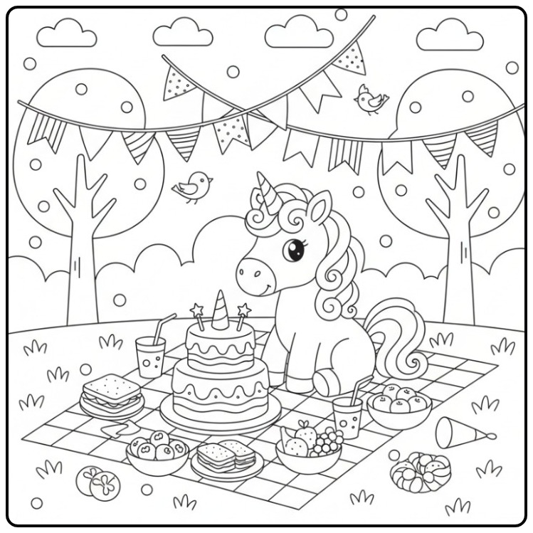 Leuke kleurplaat unicorn verjaardag picknick met taart.