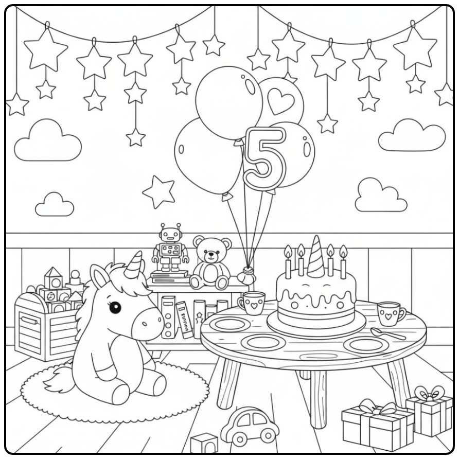 Een schattige Kleurplaat unicorn verjaardags taart en speelgoed