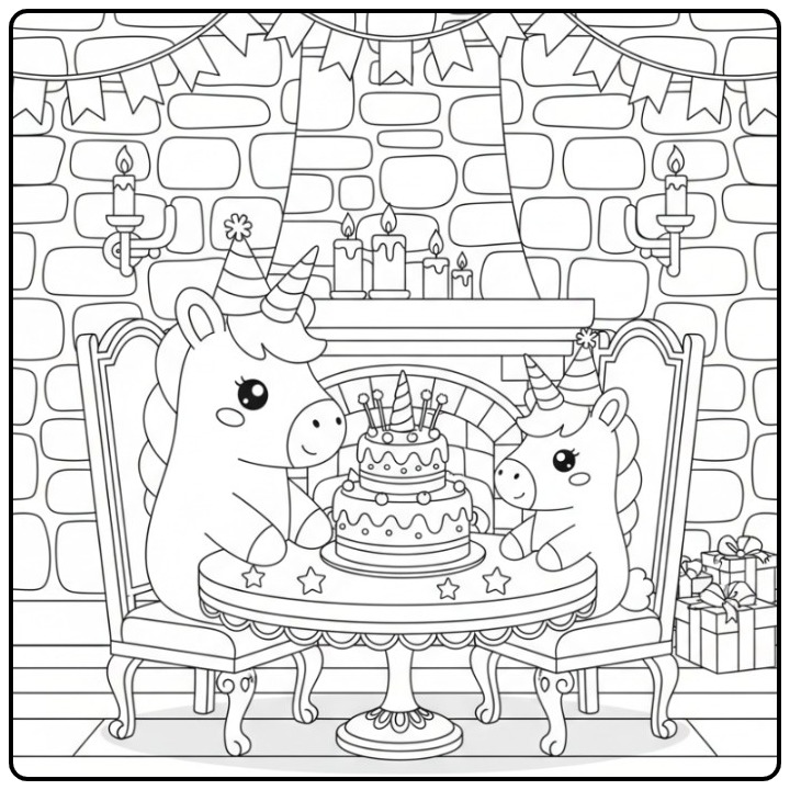 Kleurplaat unicorn verjaardagstaart in een kasteel, een feestelijk moment.