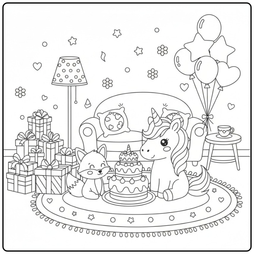 Kleurplaat unicorn verjaardagstaart met ballonnen en cadeautjes, met vos.