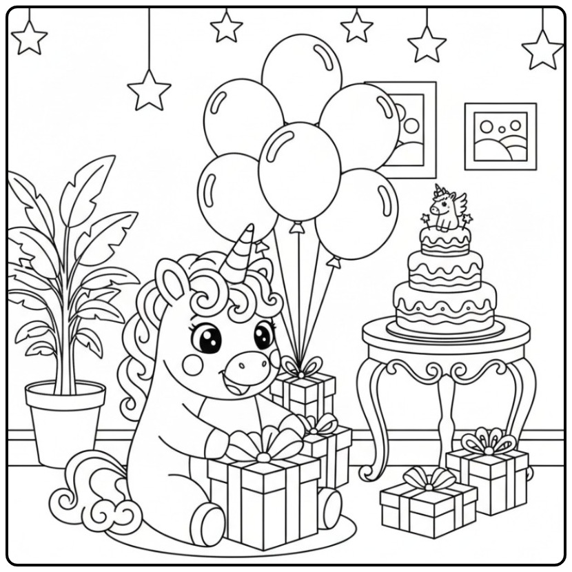 Kleurplaat unicorn verjaardagstaart met ballonnen en cadeautjes.